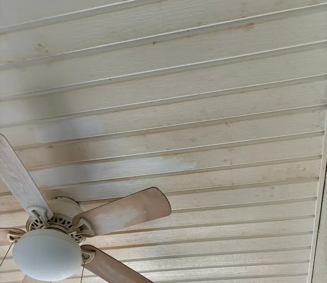 Before: A ceiling fan with brown dust on the blades and the ceiling around it.
