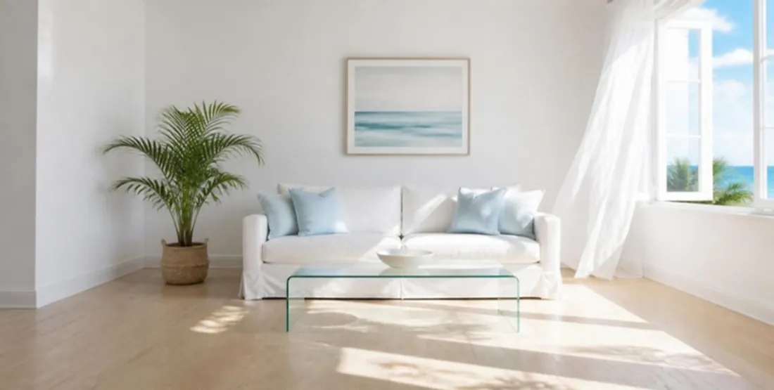 After: The same living room spotless: white sofa with blue cushions, sheer curtains lifting at the open window, sun across the clean oak floor.